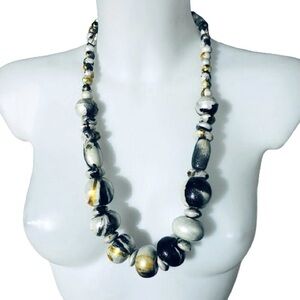 Shimmering Gold Silver Charcoal Wooden Bead Long Necklace Made in Spain NWT